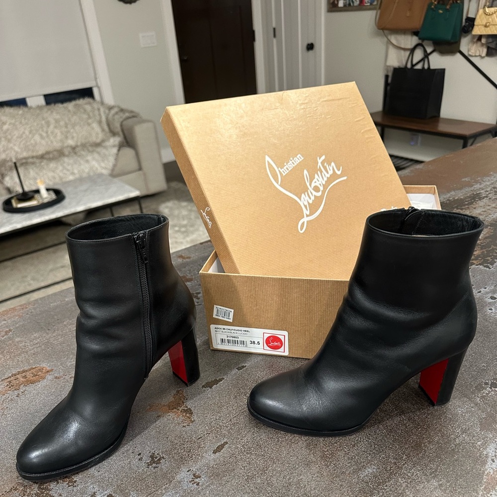 Christian Loubtin Booties with red sole protectors/ grips from custom cobbler